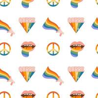 desatado padronizar com arco Iris colori groovy palavra amor dentro coração forma. retro anos 60 Anos 70 fundo com lgbt símbolos. contemporâneo minimalista Projeto para lgbtq orgulho mês e gay parada. vetor. vetor