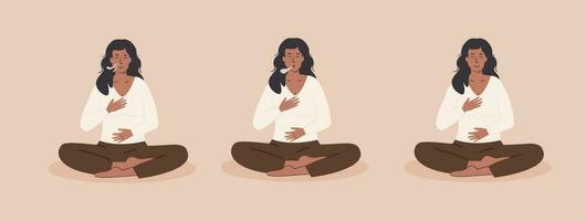 conjunto do ioga posturas. jovem fêmea fazendo abdominal exercício. mulher exalando e inalando. profundo barriga respiração prática. meditação, diafragma respirando, pranayama ioga. vetor plano estilo ilustração