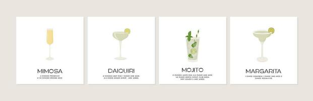 conjunto do clássico coquetéis receita cartões. diferente alcoólico bebidas dentro óculos com gelo e guarnições. verão aperitivo. mimosa, Mojito, Margarita e daiquiri álcool bebidas. vetor plano ilustração