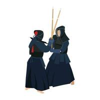 japonês kendo lutadores batalha. Japão blindado homens oponentes brigando, competindo com bambu espadas, Shinai. moderno ásia marcial arte. vetor