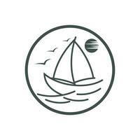 barco veleiro na onda do mar com design de logotipo vetor