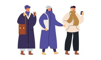 à moda pessoas vestindo caloroso inverno roupas. homens, mulheres dentro roupas para frio clima vetor ilustração