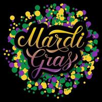 letras de mão de mardi gras em fundo de confete colorido. carnaval tradicional em nova orleans. cartaz de celebração de terça-feira gorda ou gorda. modelo vetorial para banner, panfleto, convite para festa. vetor