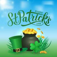 feliz st. patricks dia caligrafia mão letras, Leprechauns chapéu, trevo, verde Cerveja e Panela do dourado moedas. santo patricks dia cumprimento cartão, festa convite, poster, etc. vetor ilustração.