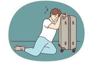 cansado homem dorme em repouso cabeça em viagem mala de viagem depois de difícil o negócio viagem. vetor imagem