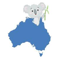 fofa cinzento coala Urso com uma azul mapa do Austrália e uma raminho do bambu vetor
