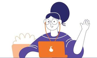 ilustração do uma jovem mulher com uma computador portátil dentro dela mãos. vetor