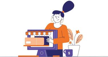 conectados compras conceito. mulher comprando Comida às conectados loja. vetor ilustração