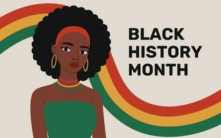 Preto história mês. feriado Projeto com africano americano mulher retrato e pan-africano bandeira para social meios de comunicação publicar, bandeira, poster, cartão. vetor plano ilustração isolado em branco fundo