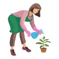 menina sprays uma plantar com uma spray garrafa. isométrico. vetor. vetor