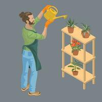 uma jovem homem leva Cuidado do plantas. isométrico vetor ilustração.