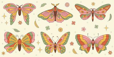 groovy borboleta adesivos definir. hippie anos 60 Anos 70 retro estilo. amarelo, Rosa verde cores. vetor