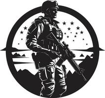defensor s precisão Preto soldado emblema combate vigília armado forças vetor Projeto