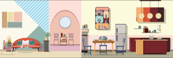 Interior Moderna sala de estar de cor com mobiliário. Ilustração em vetor design plano