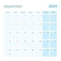 2024 setembro parede planejador dentro azul pastel cor, semana começa em segunda-feira. vetor