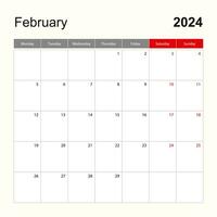 parede calendário modelo para fevereiro 2024. feriado e evento planejador, semana começa em segunda-feira. vetor