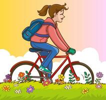 vetor ilustração do uma jovem mulher equitação uma bicicleta com uma mochila
