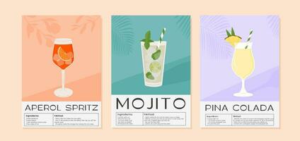 Mojito, aperol spritz e pina colada coquetel receita com ingrediente. verão aperitivo com gelo. enfeitado alcoólico bebida gráfico imprimir. minimalista contemporâneo vertical imprimir. vetor ilustração