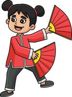 chinês menina com uma mão ventilador desenho animado clipart vetor