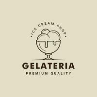 gelo creme bolas dentro tigela logotipo linha arte vetor ilustração modelo ícone gráfico Projeto. Comida congeladas ou sorvete sorveteria placa e símbolo para o negócio fazer compras cafeteria com tipografia estilo