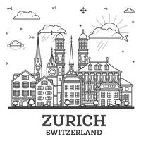 esboço Zurique Suíça cidade Horizonte com moderno e histórico edifícios isolado em branco. Zurique paisagem urbana com pontos de referência. vetor