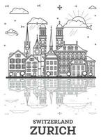 esboço Zurique Suíça cidade Horizonte com histórico edifícios e reflexões isolado em branco. Zurique paisagem urbana com pontos de referência. vetor