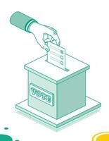 votação conceito. mão coloca voto boletim para dentro voto caixa. isométrico eleição conceito com votação caixa isolado em branco fundo. vetor