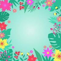 verão tropical fundo com flores e folhas, plantas e bagas. na moda abstrato quadrado arte floral modelo. cópia de espaço. mão desenhado colorida vetor ilustração.