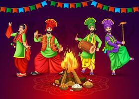 feliz Lohri celebração conceito com punjabi bhangra dançarinos bandeira Projeto modelo vetor