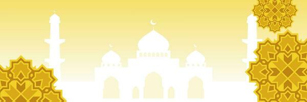 islâmico ouro fundo, com lindo mandala enfeite e mesquita silhueta. vetor modelo para bandeira, cumprimento cartão para islâmico feriados, eid al-fitr, Ramadã, eid al-adha