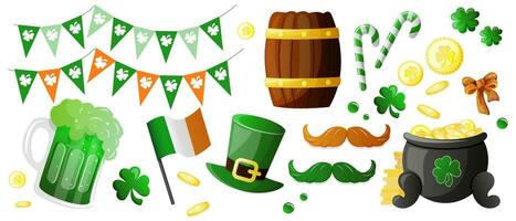 conjunto para st patricks dia feriado dentro desenho animado estilo. vetor irlandês bandeira, duende Panela do ouro, trevo trevo folhas, de madeira barril, verde chapéu, verde cerveja cerveja, e estamenha festão