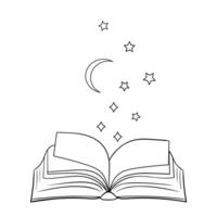 aberto livro com Preto suave estrelas vôo fora. isolado em branco fundo. plano ícone. vetor ilustração. Magia lendo logotipo.