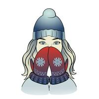a menina coberto dela face com dela com luva mãos. vetor ilustração do uma jovem menina dentro caloroso inverno roupas.