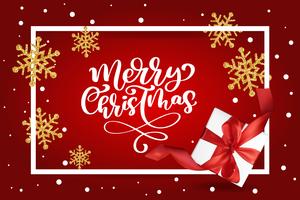 Feliz Natal que rotula, ilustração vermelha do vetor do fundo, com uma caixa de presente da malha e uns flocos de neve dourados. Cartão de Natal