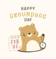 feliz marmota dia com alegre desenho animado marmota segurando calendário fevereiro 2 e relógio vetor