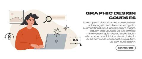 fêmea gráfico desenhador trabalhador autonomo trabalhando em uma projeto. digital ilustrador às trabalhos desenhando com caneta dentro gráfico editor rede bandeira modelo para conectados cursos ou trabalho oferecer. vetor plano ilustração.