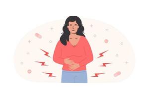 doloroso menstruação conceito na moda plano ilustração. útero inflamação, endometriose. jovem fêmea tendo a abdominal dor composição com menstrual calendário. por mês mulheres ciclo. ginecologia. vetor