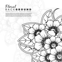 fundo com flores mehndi. linhas pretas sobre fundo branco. modelo de banner ou cartão vetor