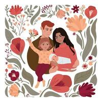 os abraços da família. pai, mãe, filha e bebê recém-nascido. ilustração moderna fofa quente com flores e folhas. vetor