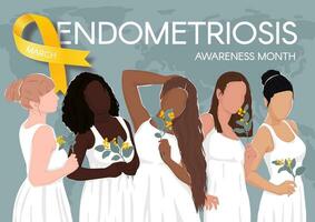 endometriose consciência mês horizontal poster. amarelo fita, espaço para texto e diverso mulheres. vetor plano ilustração.