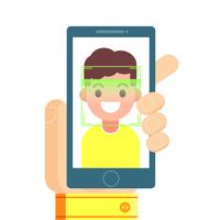 Reconhecimento facial e identificação móvel. Jovem, desbloqueando seu smartphone ou app. ilustração plana vetor