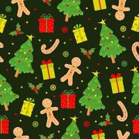 padrão sem emenda com árvore de Natal, presentes, homem-biscoito, visco e floco de neve. decoração de ano novo. vetor
