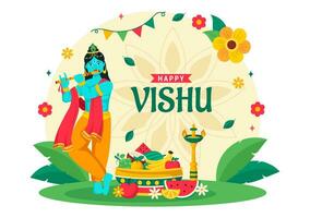 feliz vishu festival vetor ilustração com Krishna, tradicional Kerala Kani, frutas e legumes dentro nacional feriado plano desenho animado fundo