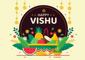 feliz vishu festival vetor ilustração com Krishna, tradicional Kerala Kani, frutas e legumes dentro nacional feriado plano desenho animado fundo