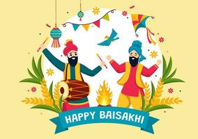 feliz baisakhi vetor ilustração do vaisakhi punjabi Primavera colheita festival do sikh celebração com tambor e pipa dentro feriado desenho animado fundo