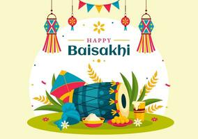 feliz baisakhi vetor ilustração do vaisakhi punjabi Primavera colheita festival do sikh celebração com tambor e pipa dentro feriado desenho animado fundo