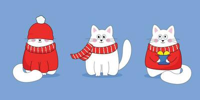 conjunto do fofa Novo ano gatos. vetor ilustração do gatos. alegre Natal desenhando do fofa gatinhos com acessórios tricotado chapéus, camisolas, lenços com flocos de neve em azul fundo