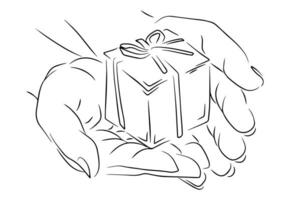 uma mão segurando caixa de presente linha arte silhueta ilustração vetor