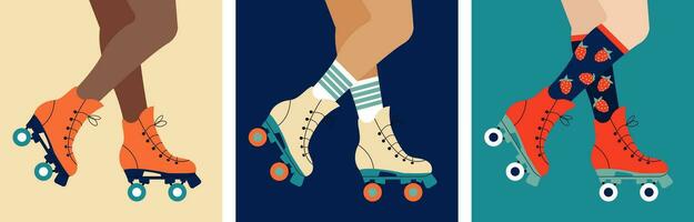 conjunto do diferente mulher pernas dentro uma retro rolo patim sapato. retro rolo skatista cartazes. vetor