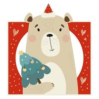 retrato de urso de ano novo de inverno com chapéu de Papai Noel e árvore de natal vetor